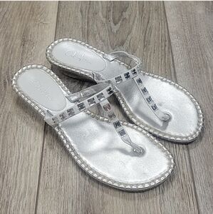 Cole Haan White and Silver Thong Sandal with Wedge Heel Size 6 1/2